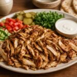 Lebanese chicken shawarma with spiced chicken, pita, pickles, fresh vegetables, parsley, and garlic sauce.