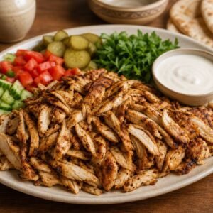 Lebanese chicken shawarma with spiced chicken, pita, pickles, fresh vegetables, parsley, and garlic sauce.