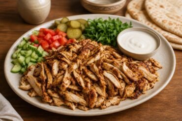 Lebanese chicken shawarma with spiced chicken, pita, pickles, fresh vegetables, parsley, and garlic sauce.