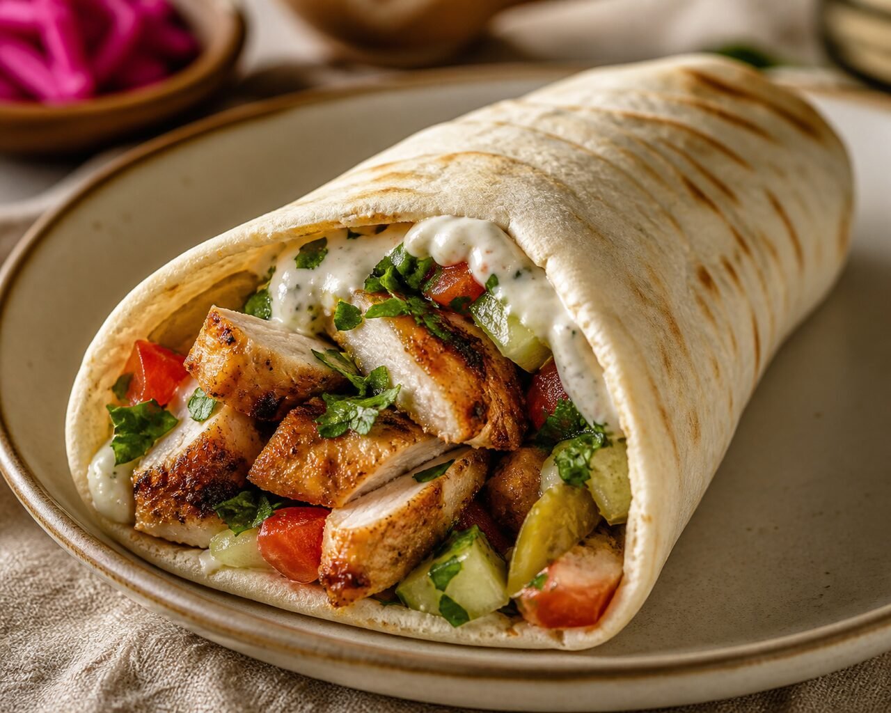 A chicken shawarma wrap filled with garlic sauce, spiced chicken, tomato, cucumber, parsley, and pickles.