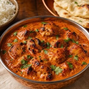 A copper bowl of chicken tikka masala with charred chicken in creamy tomato sauce, basmati rice, naan, and cilantro.