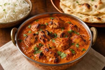 A copper bowl of chicken tikka masala with charred chicken in creamy tomato sauce, basmati rice, naan, and cilantro.