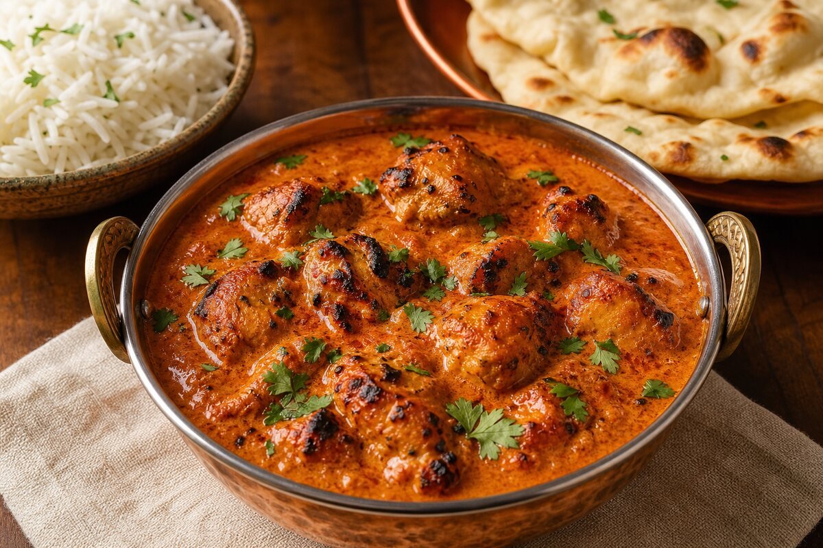 A copper bowl of chicken tikka masala with charred chicken in creamy tomato sauce, basmati rice, naan, and cilantro.