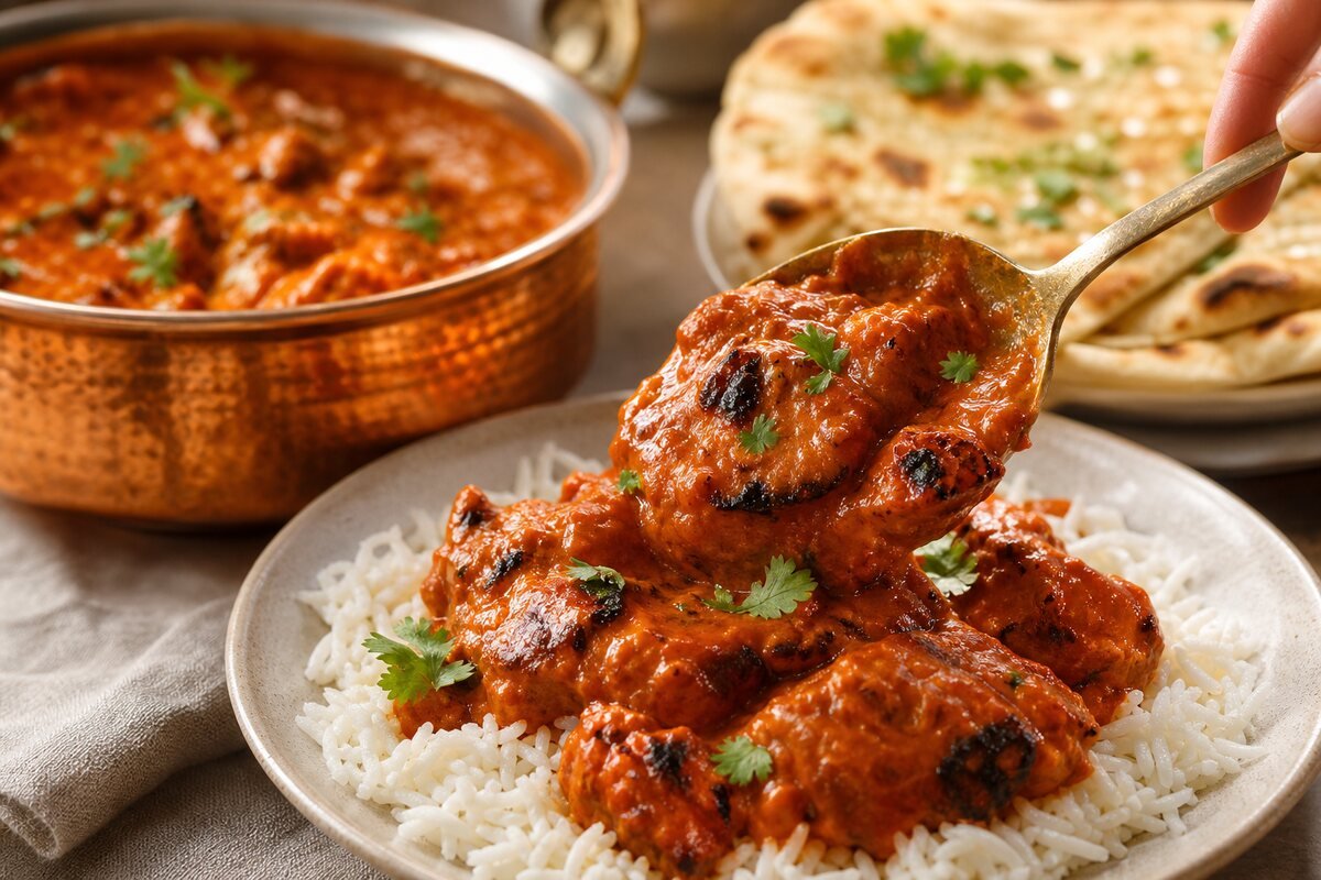 A spoon serves charred chicken tikka masala over basmati rice with naan and cilantro in the background.