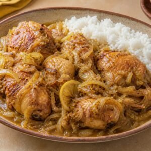 Senegalese chicken yassa with caramelized onions, lemon sauce, and white rice.