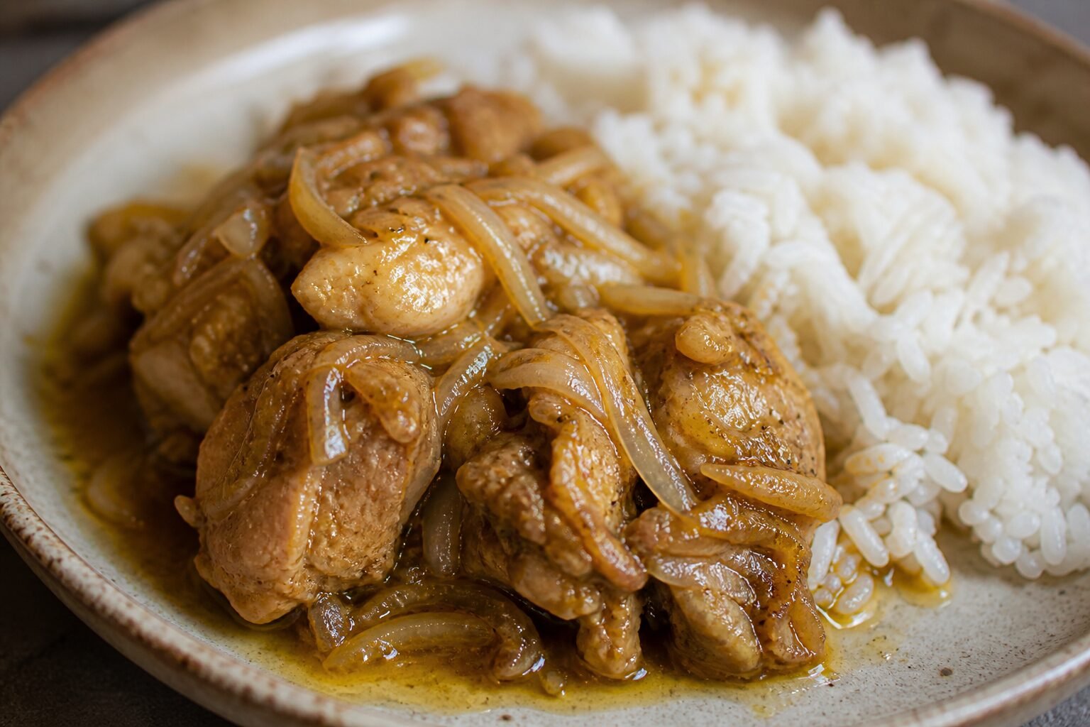 Close serving of tender chicken yassa with lemony caramelized onions and white rice.