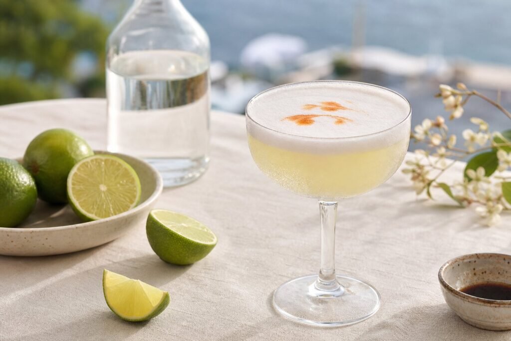 A chilled Chilean pisco sour in a coupe glass with frothy foam, lime, and aromatic bitters.