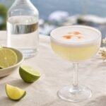 A chilled Chilean pisco sour in a coupe glass with frothy foam, lime, and aromatic bitters.
