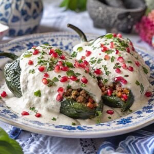 Mexican chiles en nogada with roasted poblano peppers, picadillo, walnut cream sauce, pomegranate, and parsley.