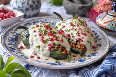Mexican chiles en nogada with roasted poblano peppers, picadillo, walnut cream sauce, pomegranate, and parsley.