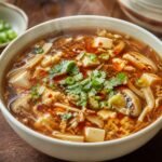 A steaming bowl of Chinese hot and sour soup with tofu, mushrooms, bamboo shoots, egg, and scallions.