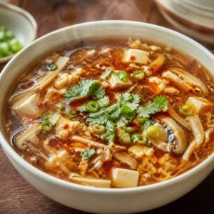 A steaming bowl of Chinese hot and sour soup with tofu, mushrooms, bamboo shoots, egg, and scallions.