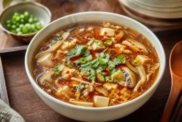 A steaming bowl of Chinese hot and sour soup with tofu, mushrooms, bamboo shoots, egg, and scallions.