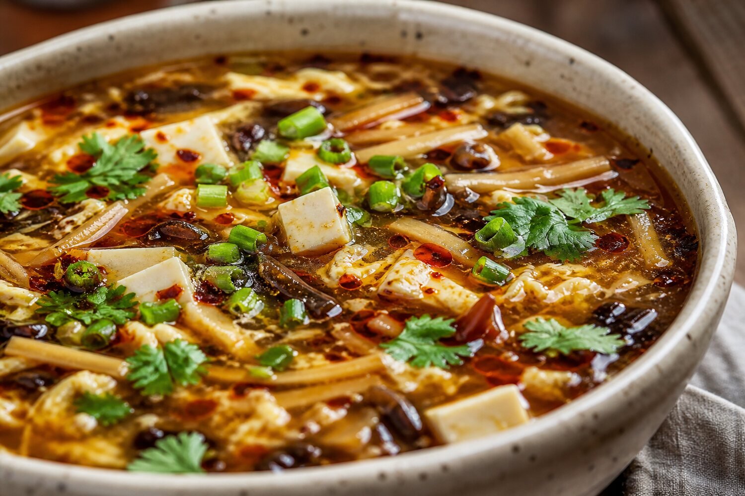 Close-up of Chinese hot and sour soup with tofu, mushrooms, egg ribbons, cilantro, and chili oil.