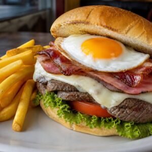 A loaded Uruguayan chivito sandwich with steak, ham, cheese, bacon, fried egg, lettuce, tomato, and fries.