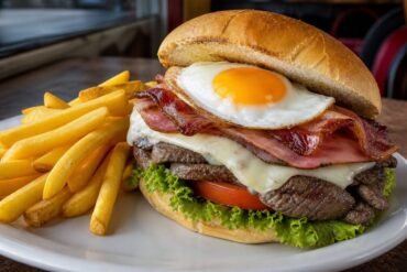 A loaded Uruguayan chivito sandwich with steak, ham, cheese, bacon, fried egg, lettuce, tomato, and fries.