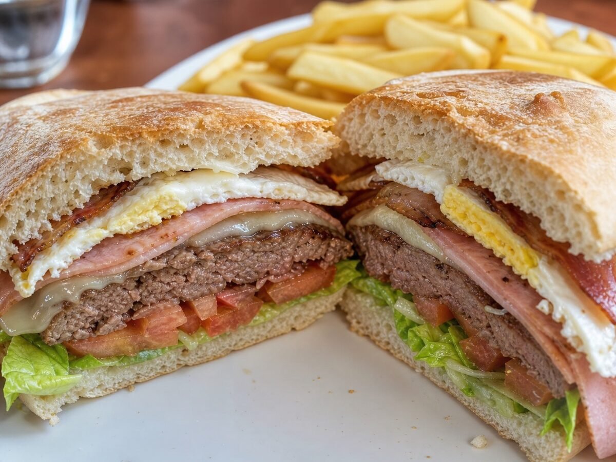 A sliced Uruguayan chivito sandwich showing layers of steak, ham, cheese, bacon, egg, lettuce, and tomato.