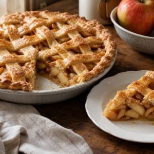 Golden lattice-crust American apple pie with a slice served on a white plate.