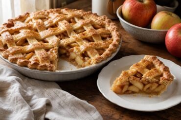 Golden lattice-crust American apple pie with a slice served on a white plate.