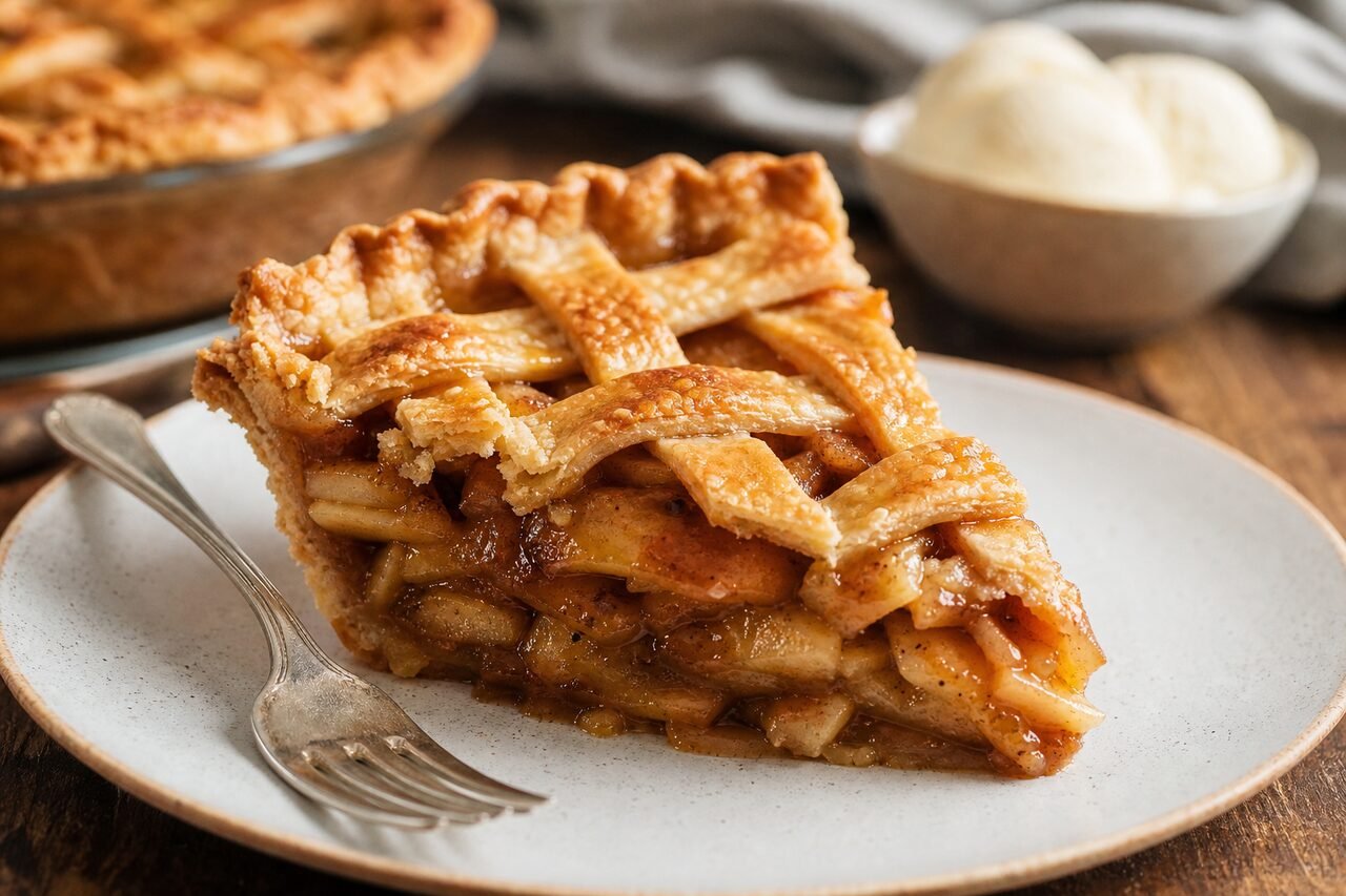 Close serving of American apple pie showing flaky lattice crust and glossy cinnamon apple filling.