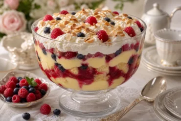 Classic British trifle layered with sponge cake, berries, custard, whipped cream, raspberry jam, and toasted almonds.