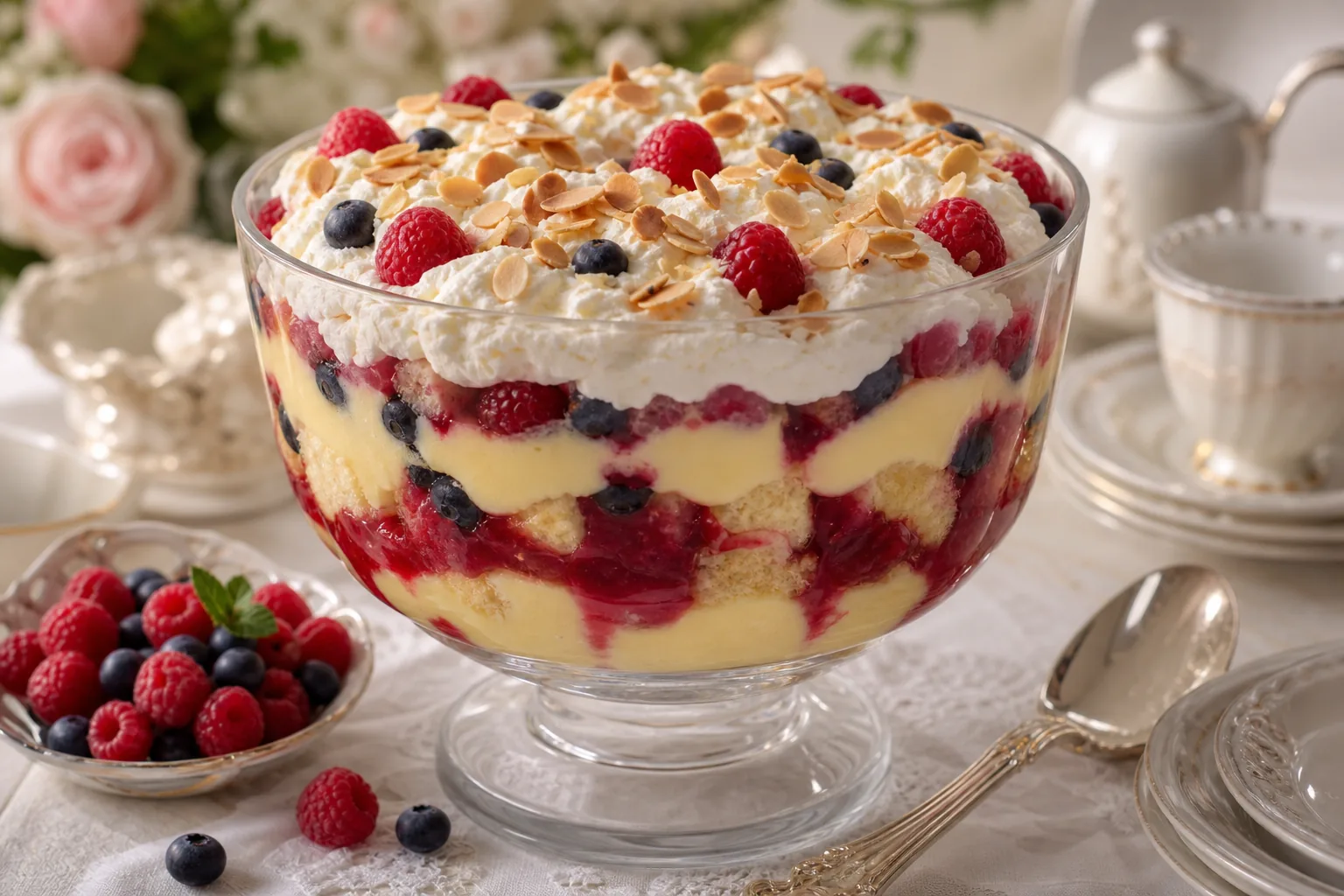 Classic British trifle layered with sponge cake, berries, custard, whipped cream, raspberry jam, and toasted almonds.