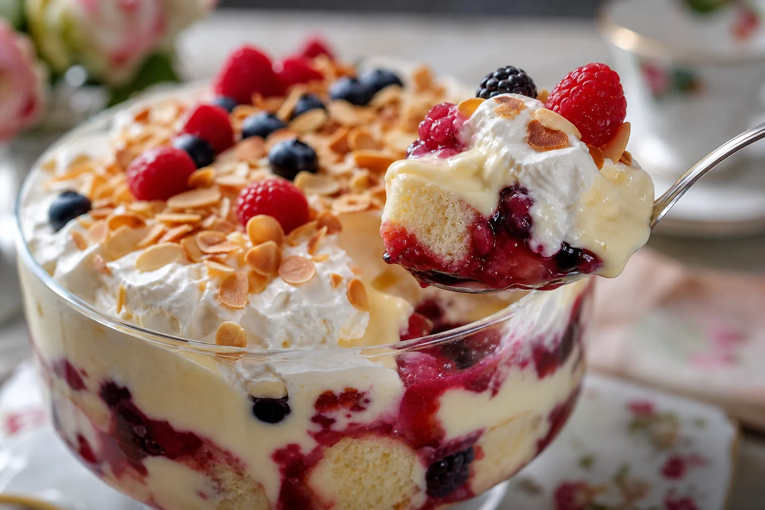 A close-up spoonful of British trifle showing sponge, berry jam, custard, berries, whipped cream, and toasted almonds.