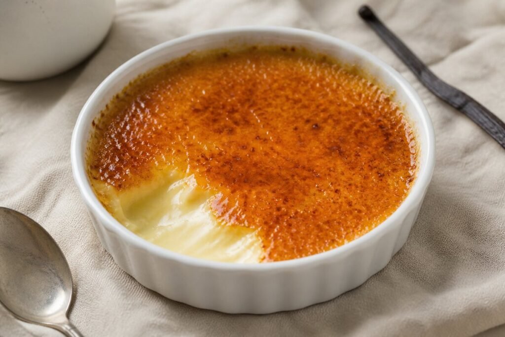 Classic French crème brûlée with a glossy amber caramel crust and silky vanilla custard in a white ramekin.