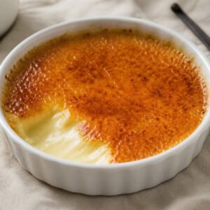 Classic French crème brûlée with a glossy amber caramel crust and silky vanilla custard in a white ramekin.