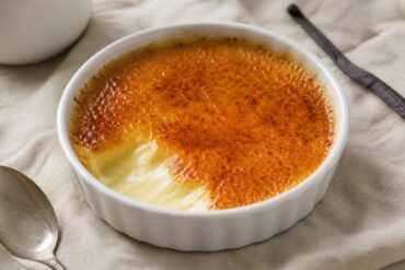 Classic French crème brûlée with a glossy amber caramel crust and silky vanilla custard in a white ramekin.