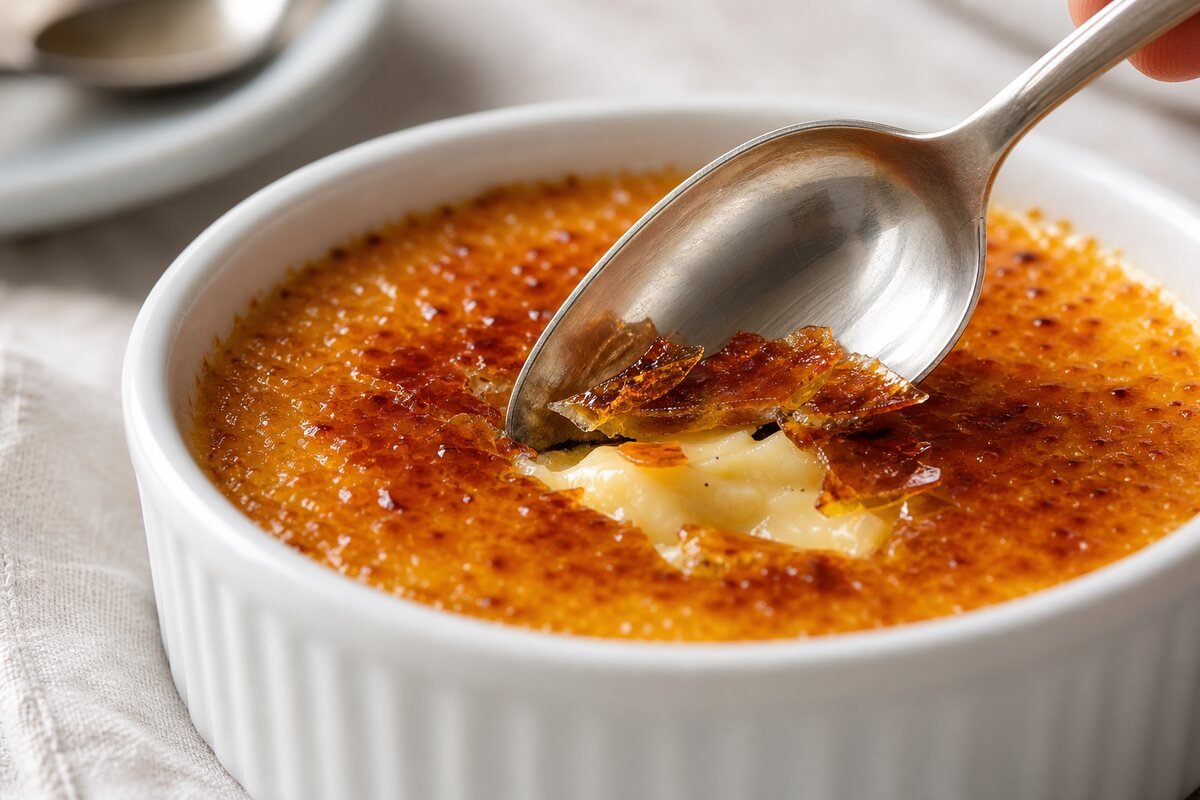 A spoon cracks the brittle caramelized sugar shell of crème brûlée to reveal smooth vanilla custard.