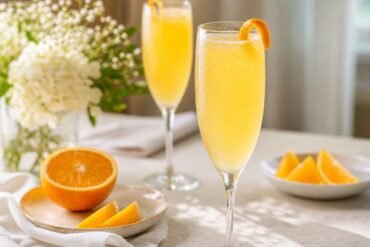 Pale golden French mimosa cocktail in a sparkling flute with an orange twist at a brunch table.