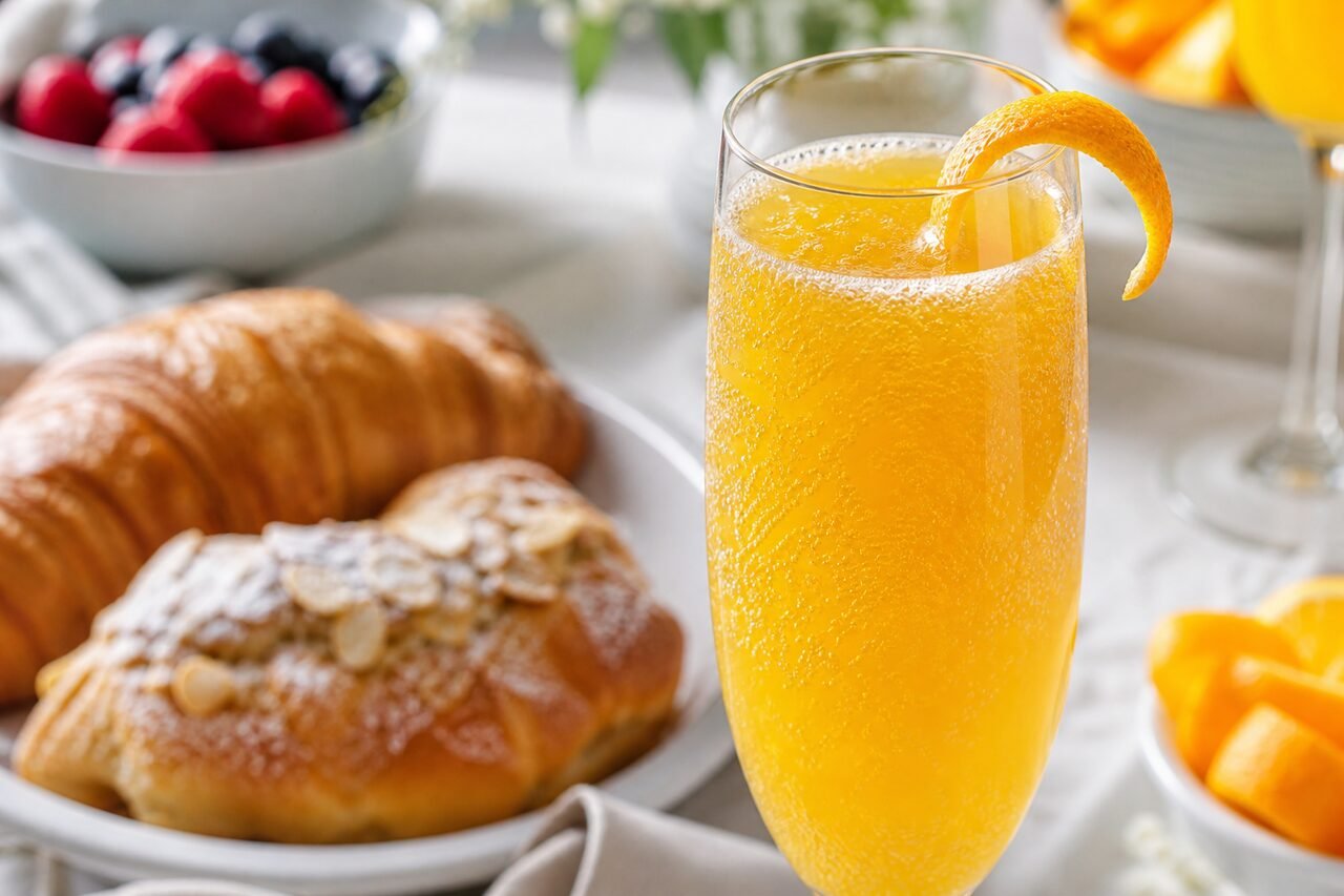 Close view of a chilled French mimosa with fine bubbles, orange juice, and a small orange twist.