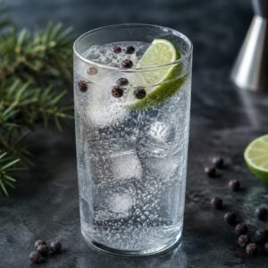 A sparkling gin and tonic with ice, lime, juniper berries, and condensation on a clear glass.