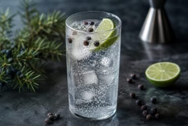 A sparkling gin and tonic with ice, lime, juniper berries, and condensation on a clear glass.