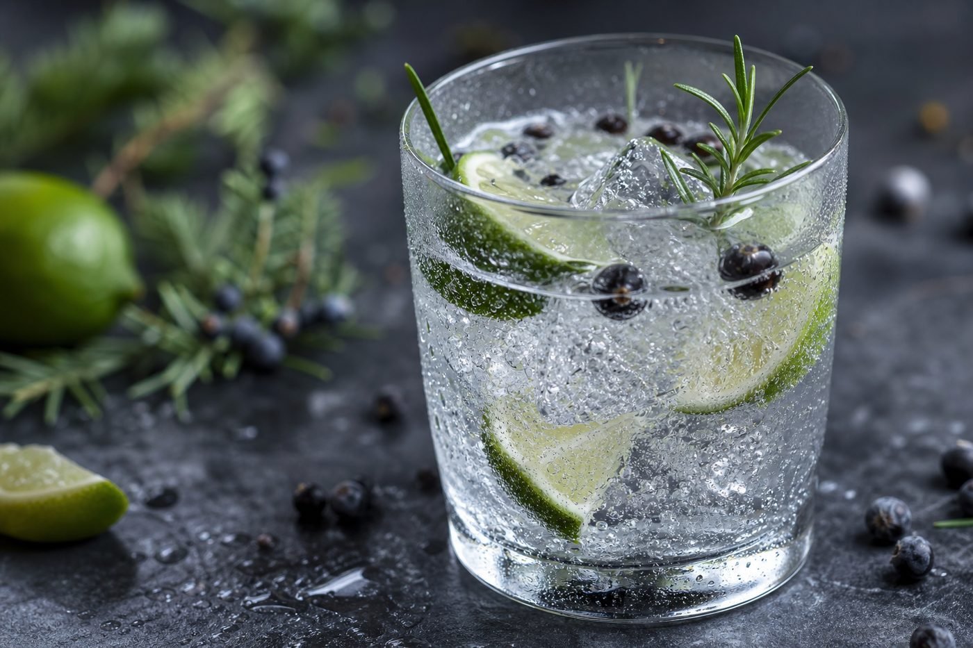 Close serving of a gin and tonic with lime, juniper berries, rosemary, ice, and sparkling bubbles.