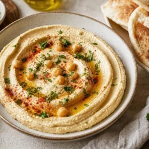 Silky Lebanese hummus swirled with olive oil, chickpeas, parsley, paprika, and warm pita.