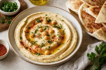 Silky Lebanese hummus swirled with olive oil, chickpeas, parsley, paprika, and warm pita.