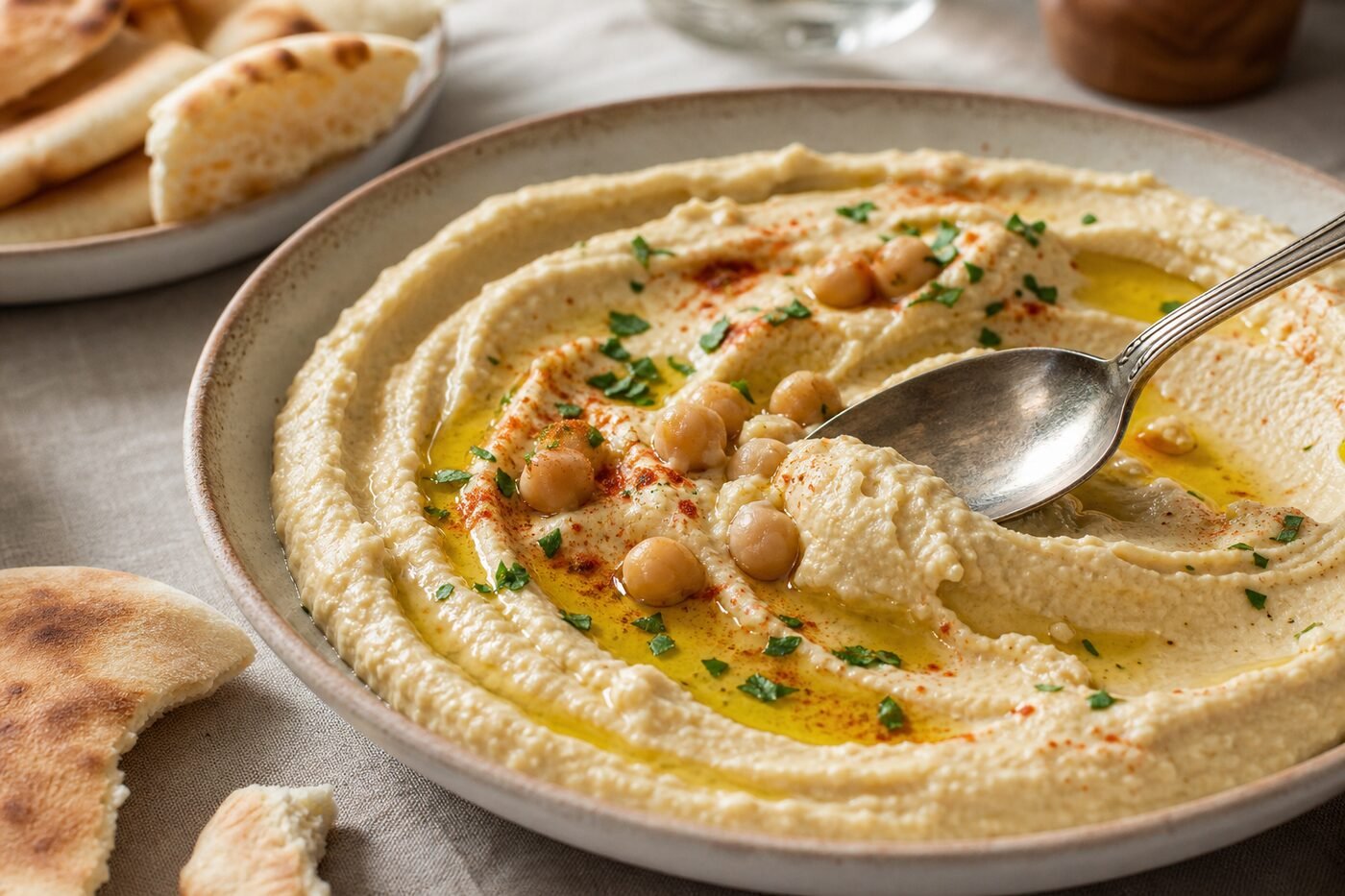 A spoonful of silky hummus with olive oil, chickpeas, parsley, and warm pita bread.