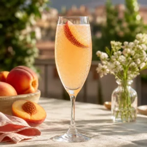 A chilled Italian Bellini with pale peach puree, sparkling prosecco, bubbles, and a fresh peach slice.