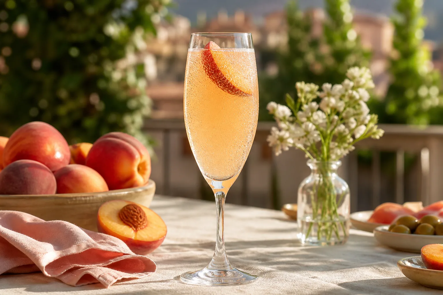 A chilled Italian Bellini with pale peach puree, sparkling prosecco, bubbles, and a fresh peach slice.