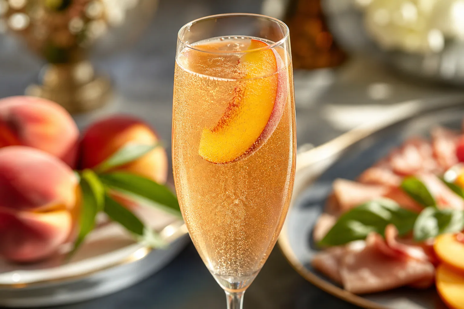 A close-up Bellini cocktail showing pale peach sparkling wine, fine bubbles, condensation, and a peach slice.