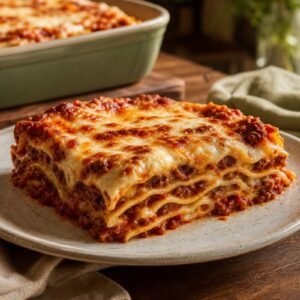 A square of classic Italian lasagna with layered pasta, beef ragù, béchamel, and bubbling golden cheese on a ceramic plate.