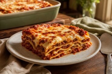 A square of classic Italian lasagna with layered pasta, beef ragÃ¹, bÃ©chamel, and bubbling golden cheese on a ceramic plate.