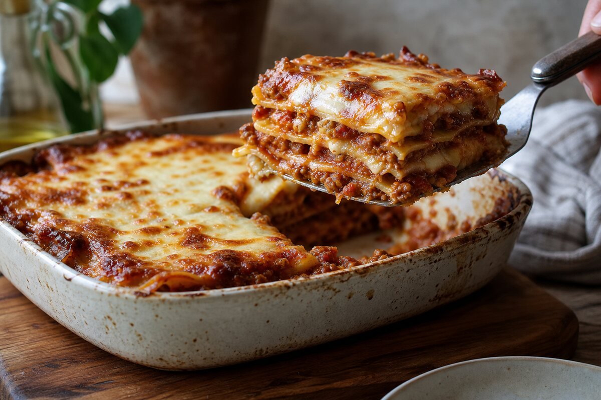 A serving spatula lifts a square of lasagna from a baking dish, showing pasta, ragù, béchamel, and melted cheese layers.