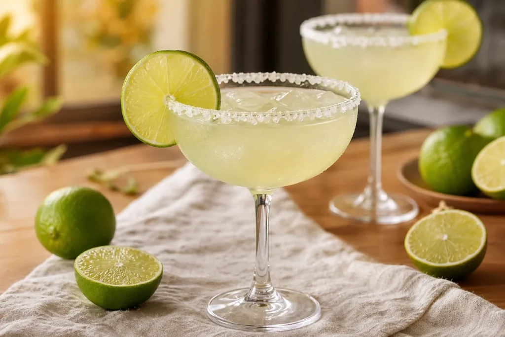 A classic Margarita in a salted coupe glass with lime wheels and a second cocktail in the background.