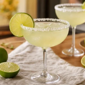 A classic Margarita in a salted coupe glass with lime wheels and a second cocktail in the background.