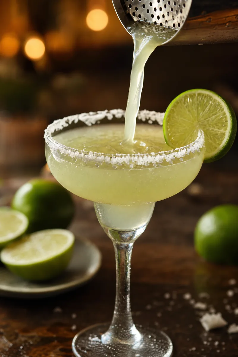 A classic Margarita being strained into a salted glass with lime and condensation.