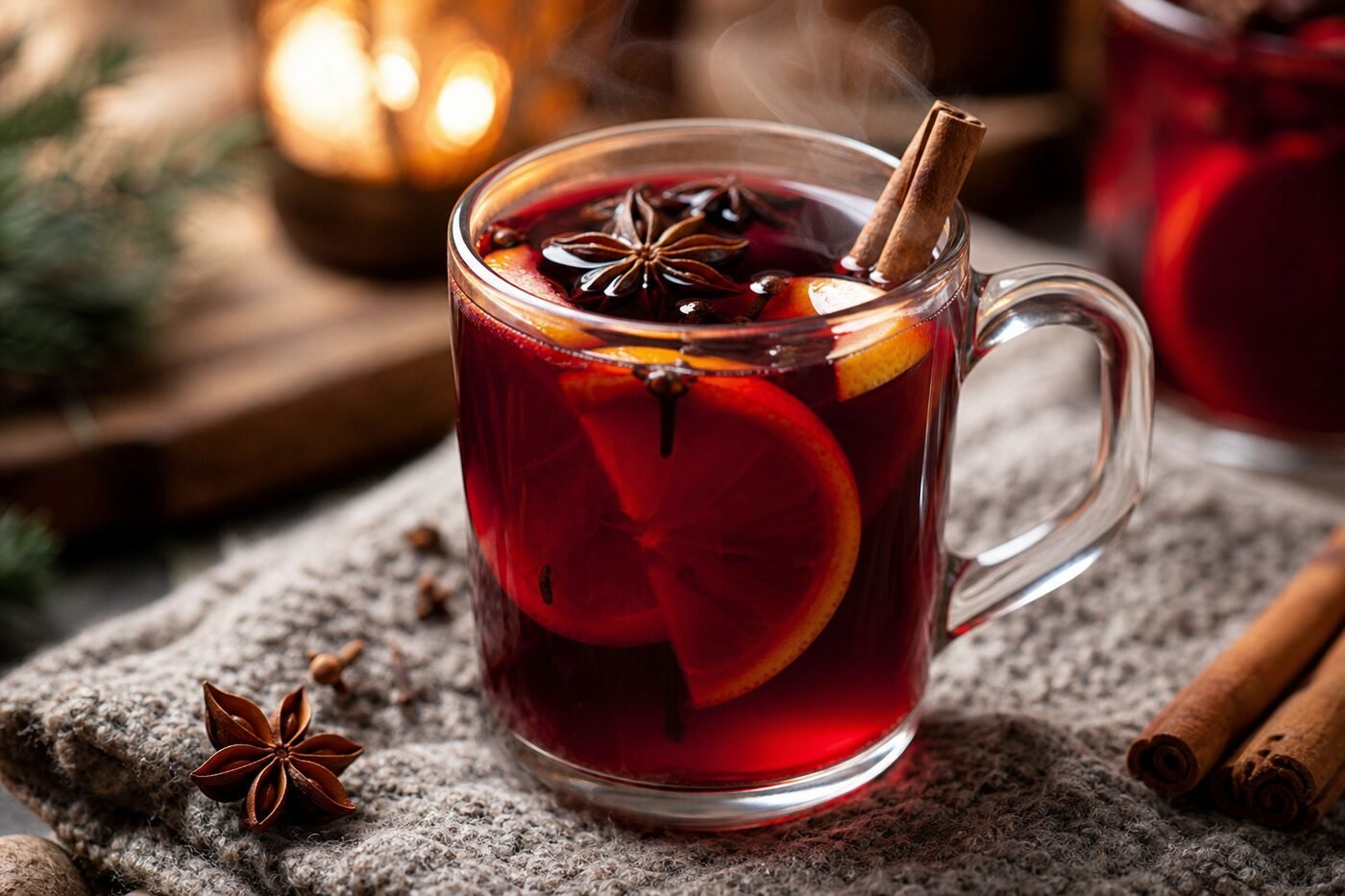 Close-up of warm spiced mulled wine with orange, cinnamon, star anise, cloves, and gentle steam.