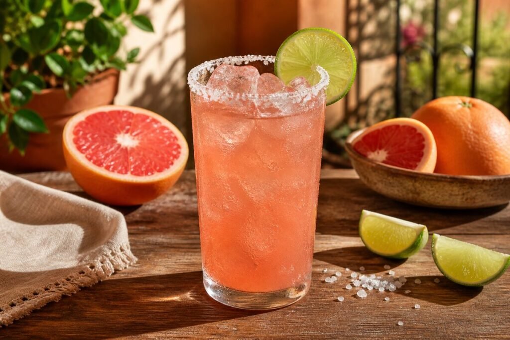 A chilled coral-pink Paloma cocktail in a salt-rimmed highball glass with grapefruit, lime, clear ice, and condensation.